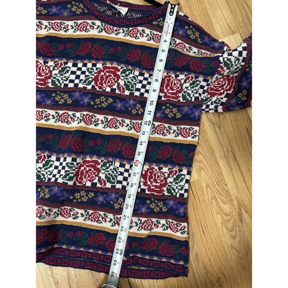 80's Vintage 3D Knit Floral Rose Sweater Size Large Cotton Grandma Cottage - Picture 7 of 9